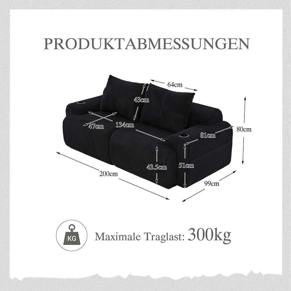 Canapé 2 places 200 cm - Canapé modulable avec accoudoirs - Porte-gobelets - Sans montage - Tissu velours côtelé - Noir - 6