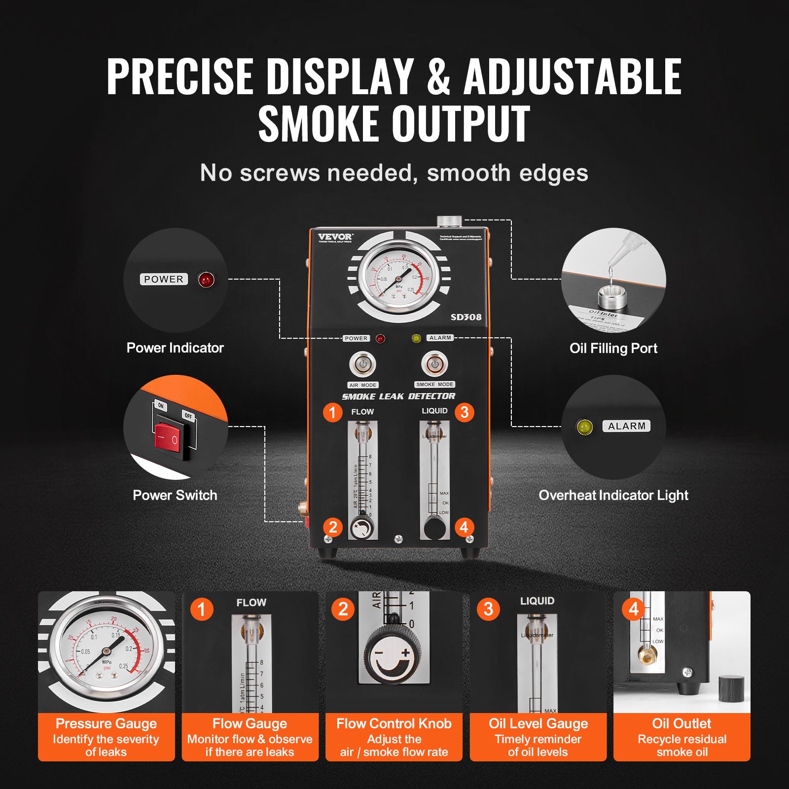 Détecteur fuite carburant,VEVOR 2 modes,avec pompe intégrée,manomètre,niveau d'huile et débitmètre,outil de diagnostic du système d'échappement - 5