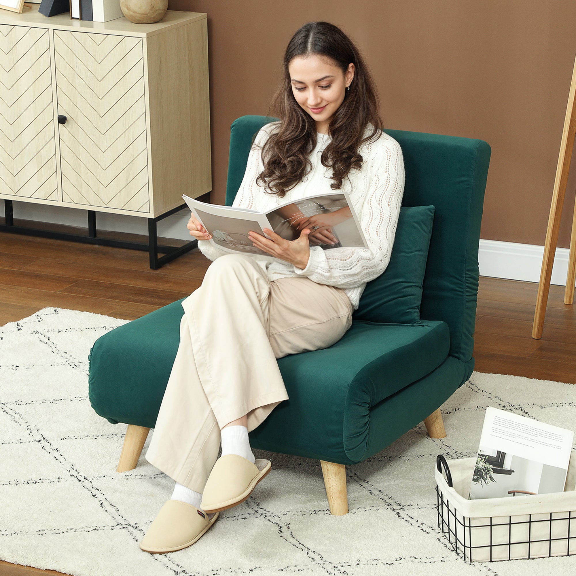 Fauteuil pliant convertible en lit, fauteuil lounge pliable en velours, dossier réglable, supporte jusqu'à 120 kg, vert foncé - 3