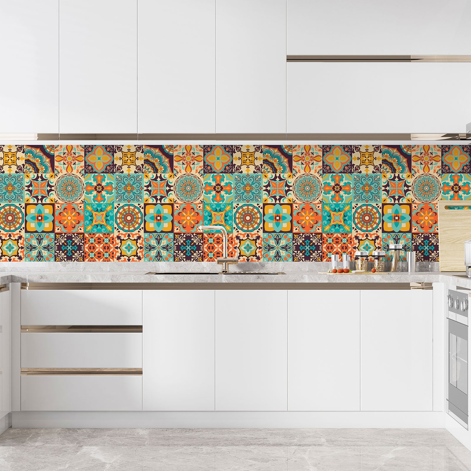 Crédence adhésive sticker décoratif pour cuisine - Effet carreaux de ciment - Adhésif BRILLANT - 60x60 cm - 3