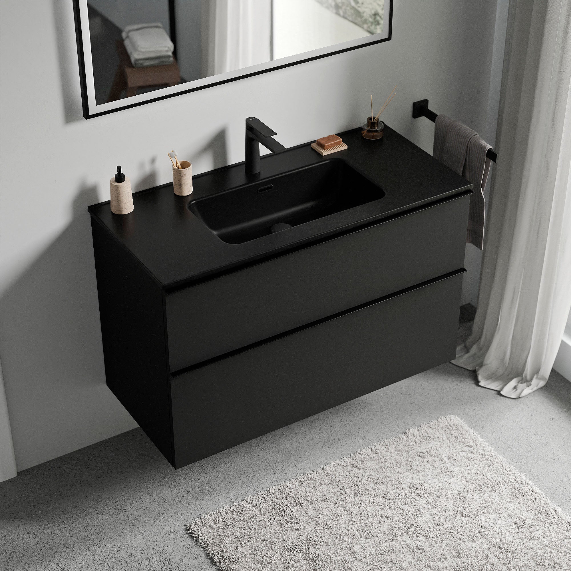 BERNSTEIN - Meuble vasque suspendu MDF Noir mat, lavabos Noir mat + trou robinet, poignée Anthracite mat - 81x64x47cm - LAVOA - 2