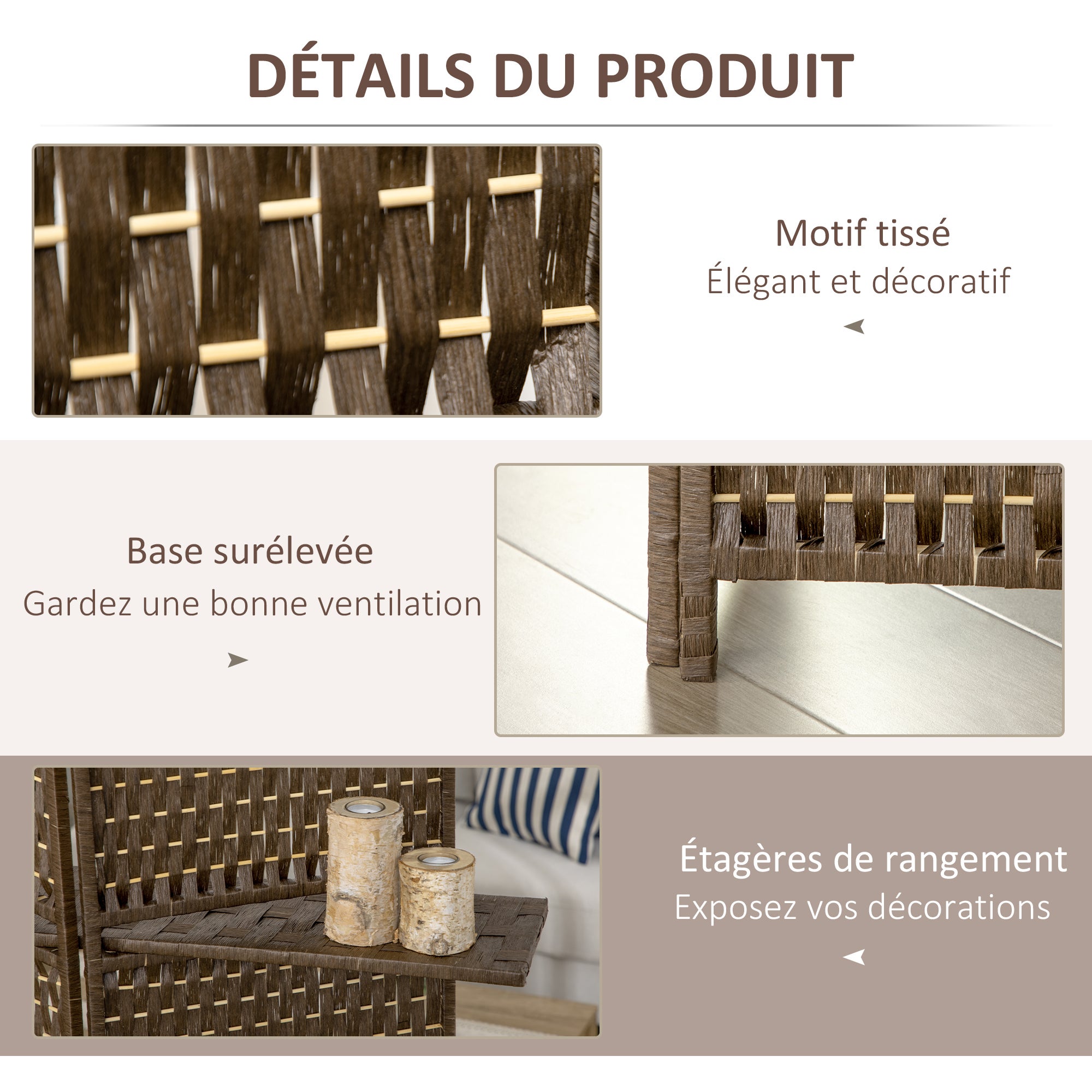 Paravent intérieur séparateur pièce 4 panneaux 2 étagères bois pin tressée fibres papier 181x180 cm marron - 8