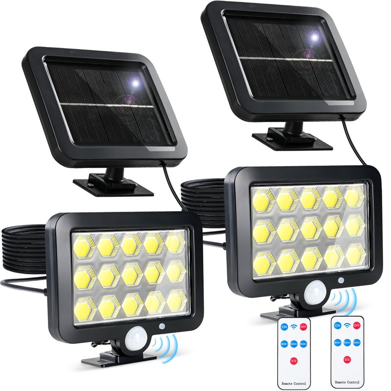 Zestaw 2 wodoodpornych lamp solarnych do użytku na zewnątrz, reflektor bezpieczeństwa 120 LED, wodoodporność IP65, 3 tryby, białe światło 6000 K