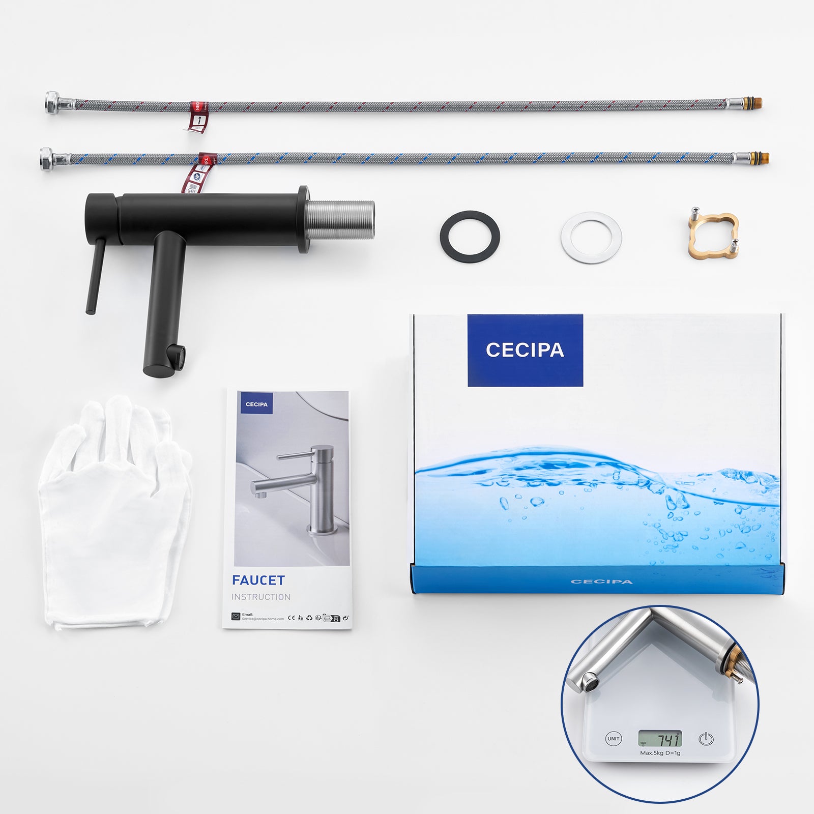 Mitigeur de Lavabo Noir Robinet de Lavabo en Acier inoxydable avec Noyau de Valve en Céramique Eau Chaude/Froide Réglable - 9