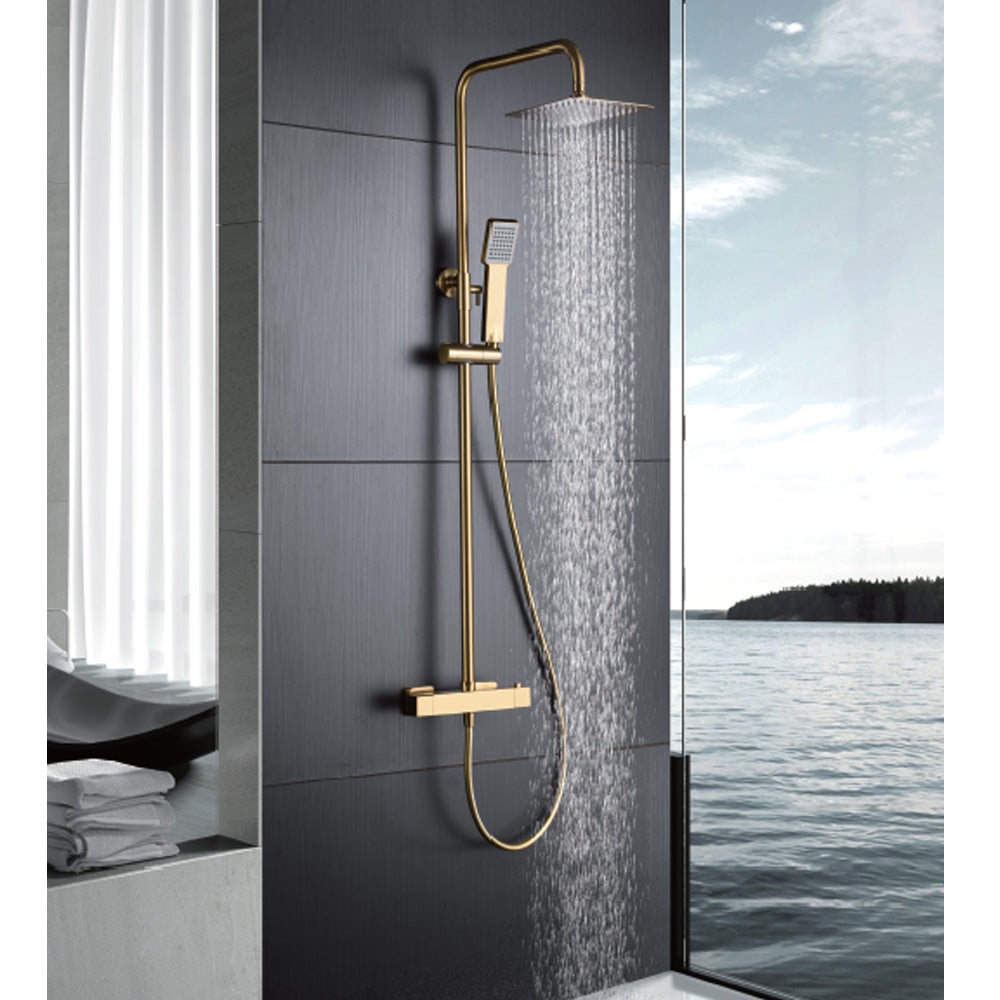 Colonne de Douche avec Mitigeur Thermostatique | Pommeau Carré en Acier Inox S.304 20x20 cm | Extraplat Anticalcaire Finition Or Brossé - 6
