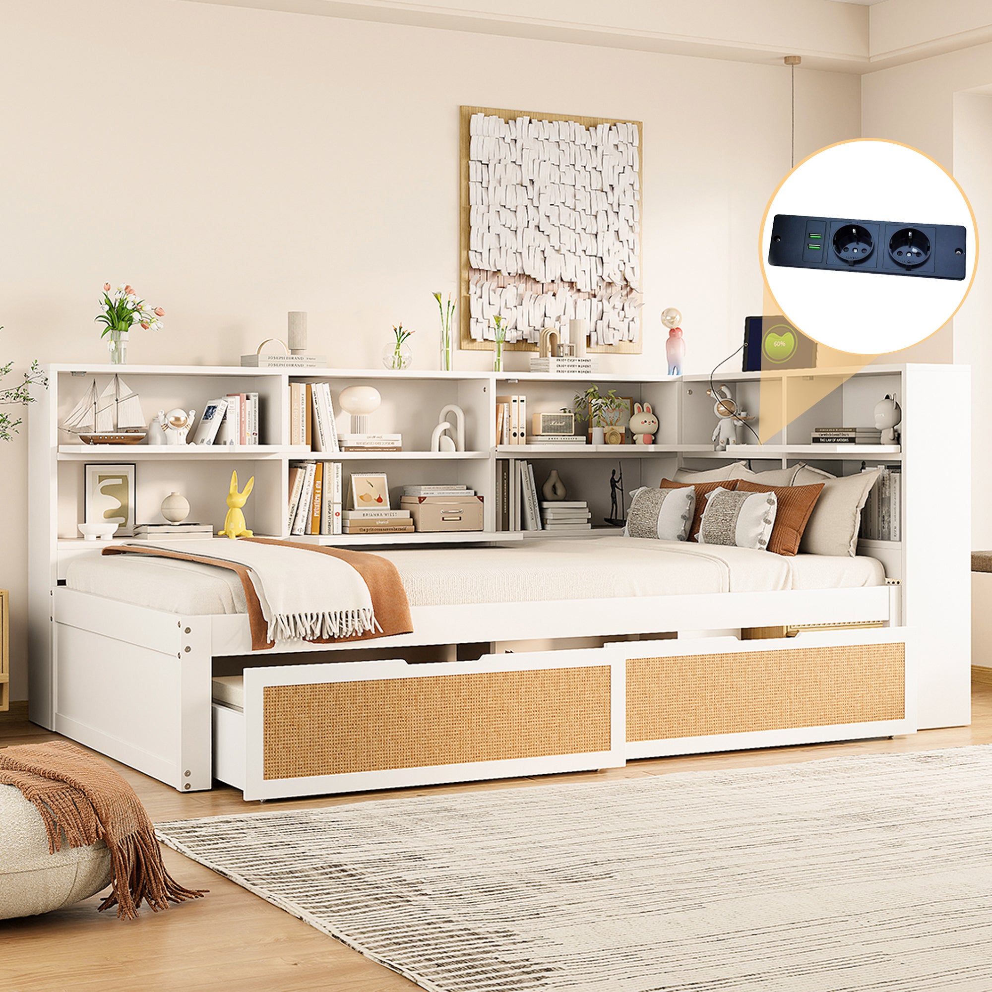 Sofa rozkładana z litego drewna 90 x 200 cm - Z 2 szufladami - Mnóstwo miejsca do przechowywania - Z portem ładunkowym - Biały (bez materaca)