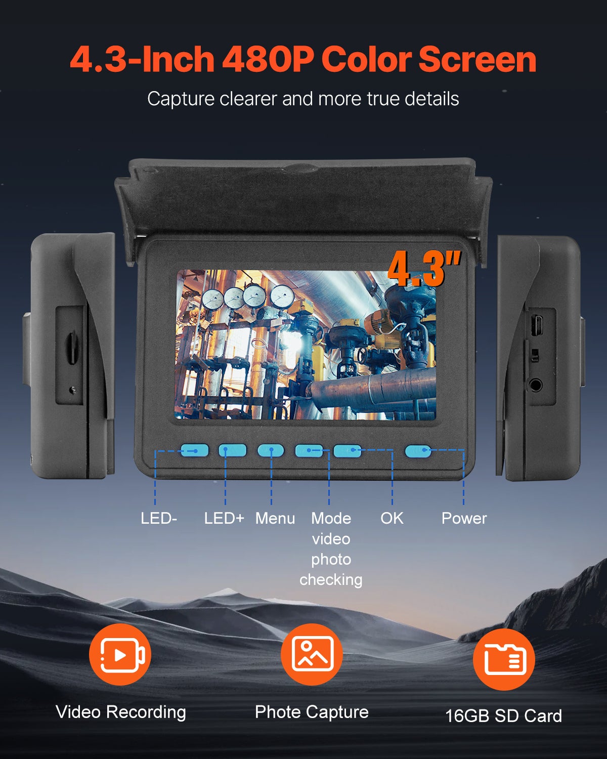 Telecamera di Ispezione VEVOR 30 m,Endoscopio 4,3'' con 6 Luci LED Regolabili,Scheda SD 16 GB,Zoom 3X,Video,Impermeabile IP68,Tubature,Casa - 3