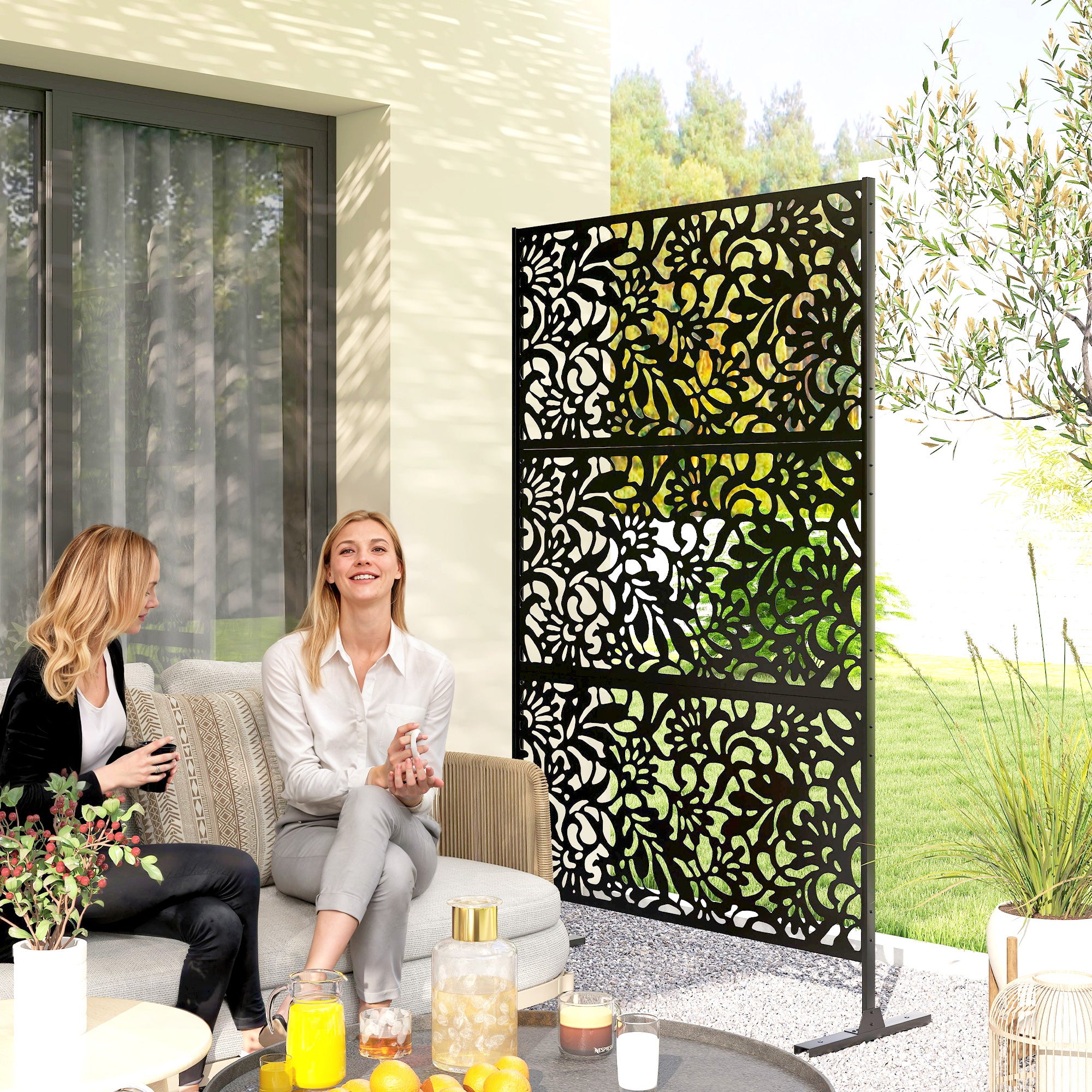 Panneau Brise Vue décoratif Extérieur Claustra Décoratif Jardin 3 Panneaux à motif floral Acier 122 x 45 x 198 cm Noir - COMFORTXL - 2