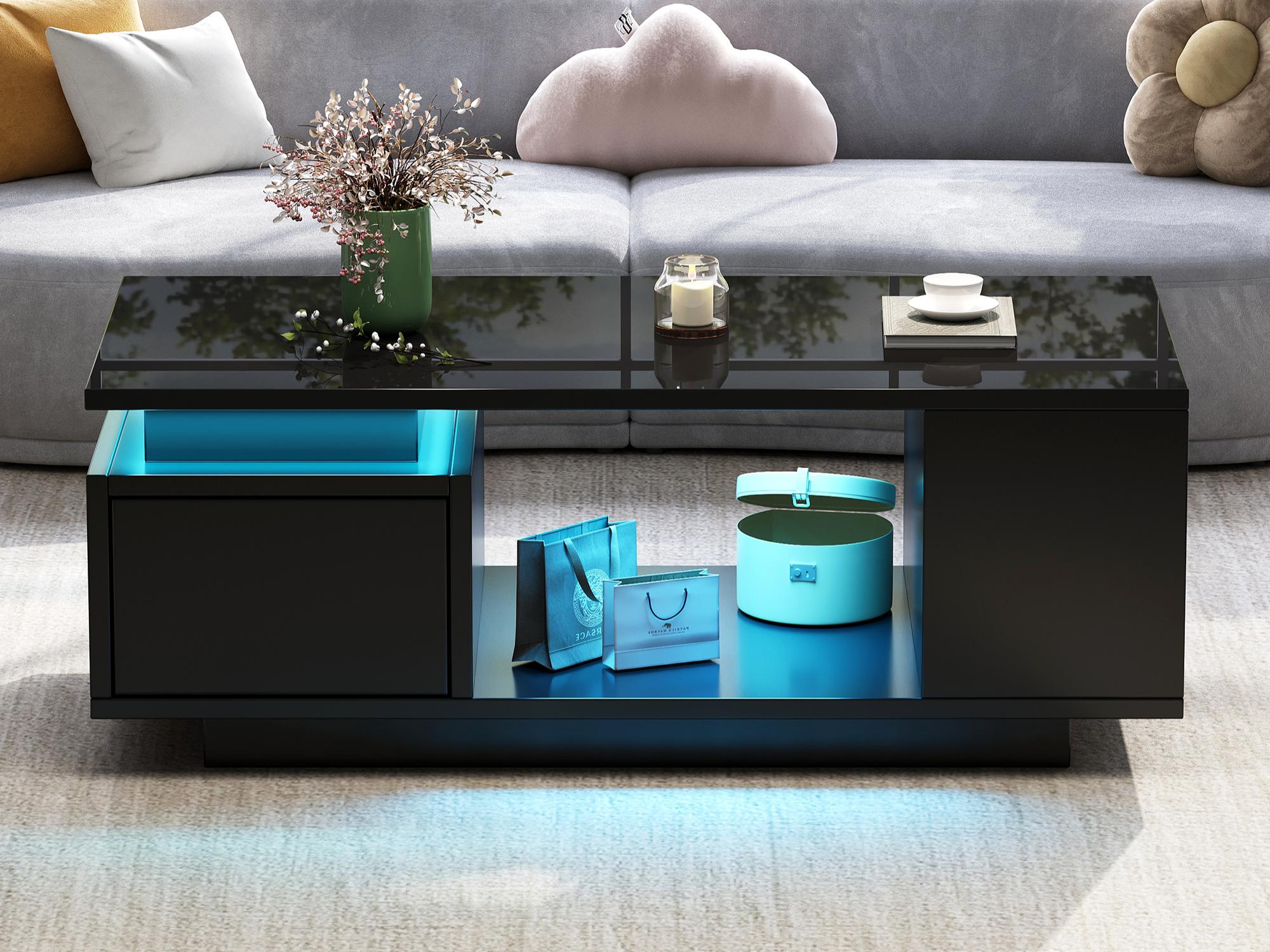 Lakierowany błyszczący stolik kawowy 100x50x36 cm - z oświetleniem LED - z 1 szufladą - z 4 przegródkami do przechowywania - Czarny