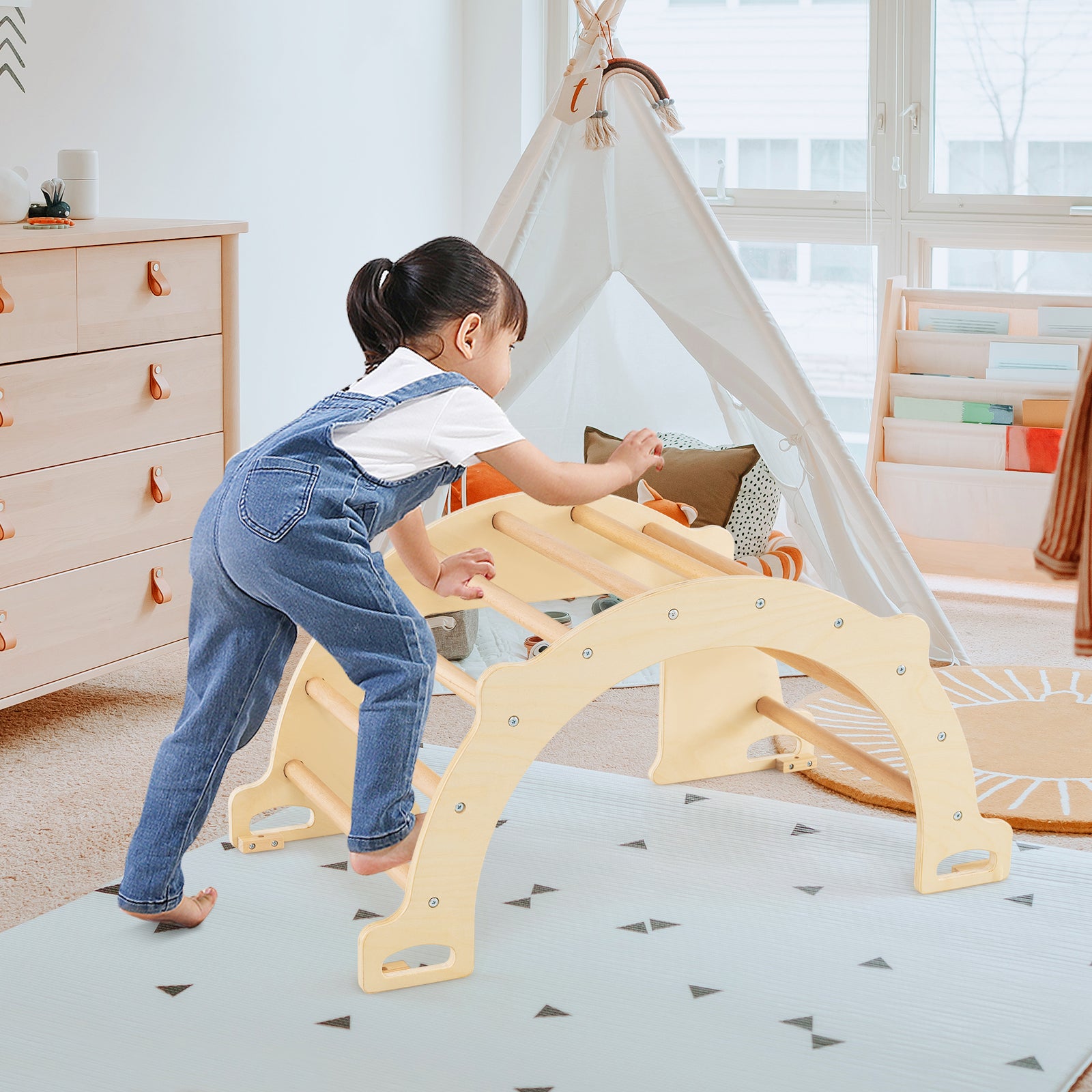 8 en 1 Arche d'escalade Montessori en Bois avec Bac Pliable, Chaise à Bascule Enfant avec Dispositif Anti-basculement,Charge 50kg pour 3 Ans+ - 4