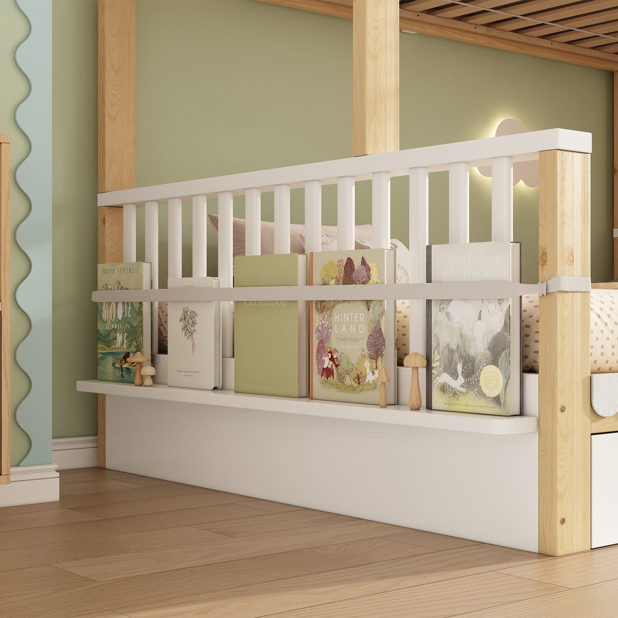 Lit superposé 3 places 140/90x200cm avec 2 tiroirs,Forme de nuage avec porte-revues et garde-corps , lit familial en bois avec sommiers - Blanc+Chêne - 4