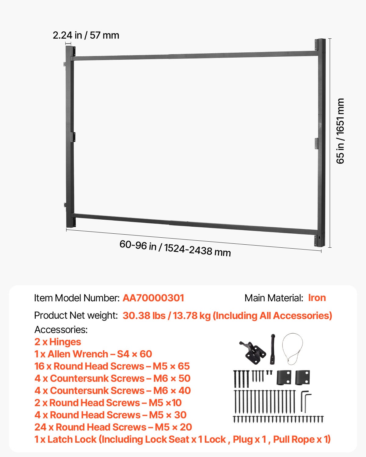 Kit construction portail 60-96 po,VEVOR ajustable,cadre anti-affaissement,verrou loquet,vis,pour clôture bois,fer,noir - 7