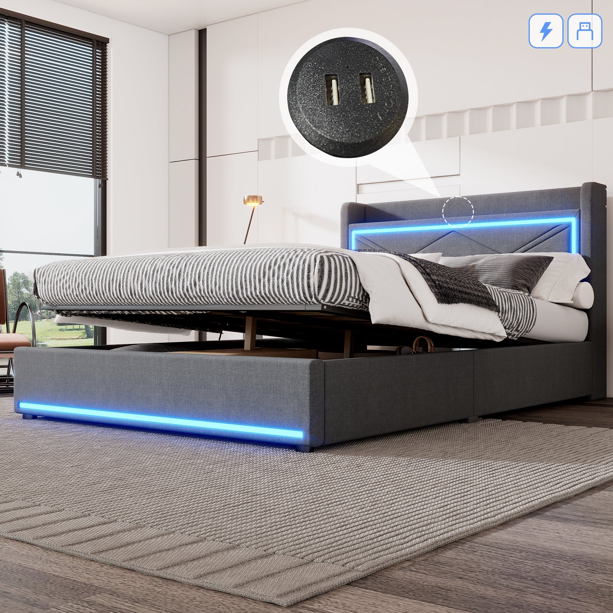 Lit coffre 140 x 200 cm avec tête de lit - LEDs et port USB - Tissu en ...