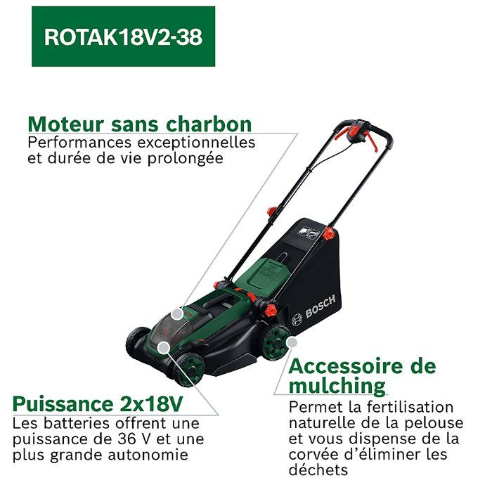 Tondeuse sans fil Bosch ROTAK18V2-38 38 cm 2x18V 4,0Ah 40 L 6 hauteurs - 7