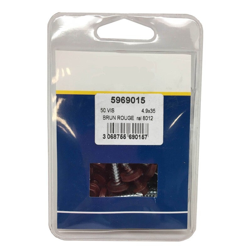 Kit 50 VIS AUTOPERCEUSES (4,9x35mm) + 50 rondelles étanchéité panneaux tuiles - Brun rouge mat - Longueur 3.5cm - 3