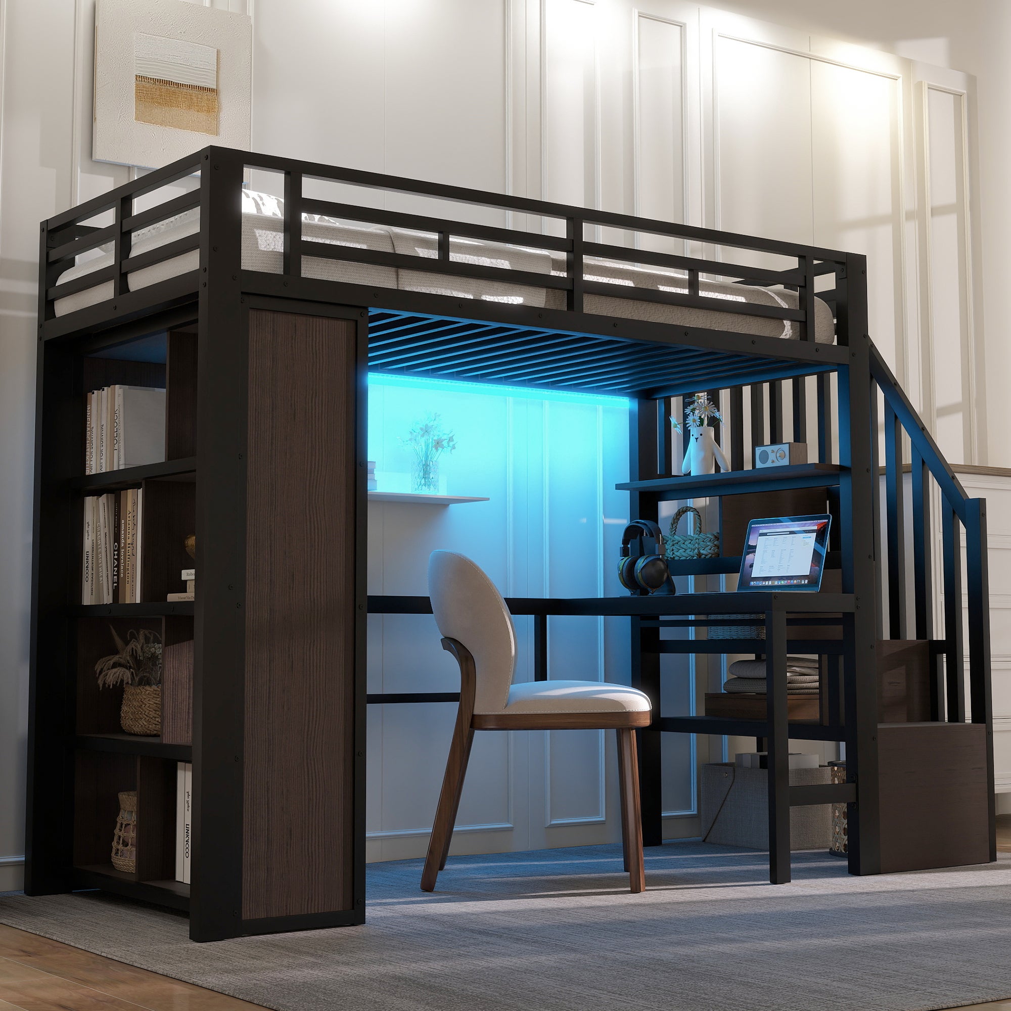 Lit mezzanine en métal 90x200 cm avec bureau et éclairage led app, lit superposé enfant avec escalier de rangement et étagères, noir (sans matelas) - 4