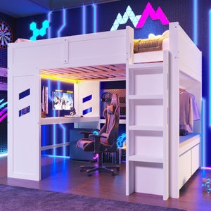 Letto A Soppalco 140x200 Con Scrivania, Armadio E 3 Cassetti | LED Multimodale Touch/APP Per Cameretta Bambini E Adulti, Bianco