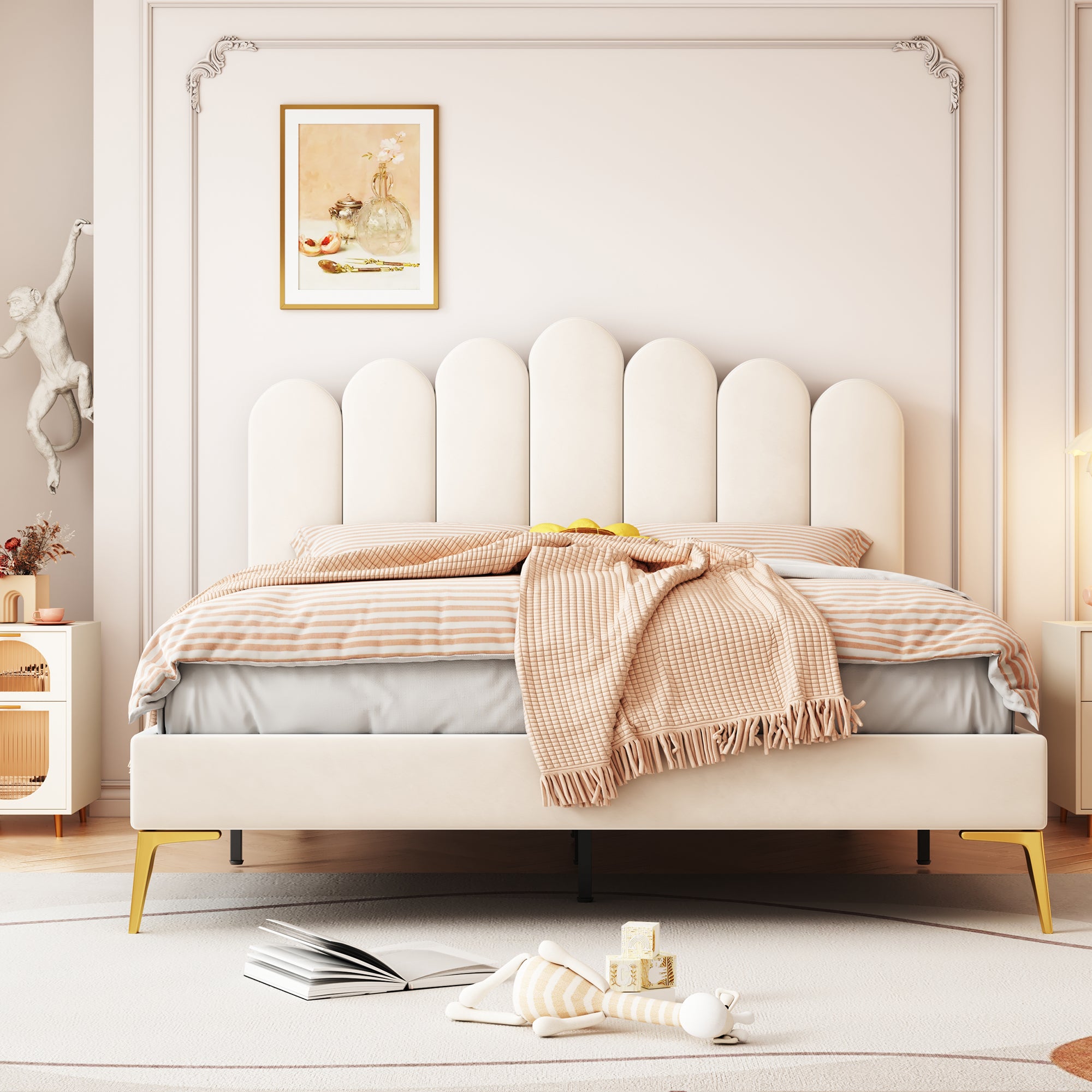 Letto Matrimoniale 140x190 Cm Con Contenitore, LED RGB, 3 Cassetti E Testiera Apribile - Velluto Beige, Con Rete A Doghe - 5