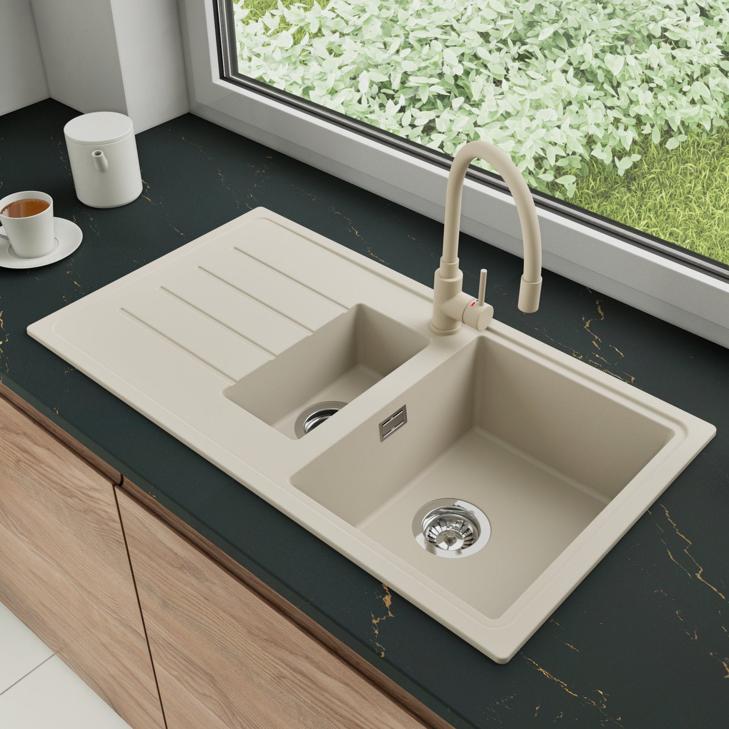 Zlewozmywak Granitowy 90x50cm, do szafki od 60cm + Bateria + Syfon - Ametyst Beżowy STONESTYLE