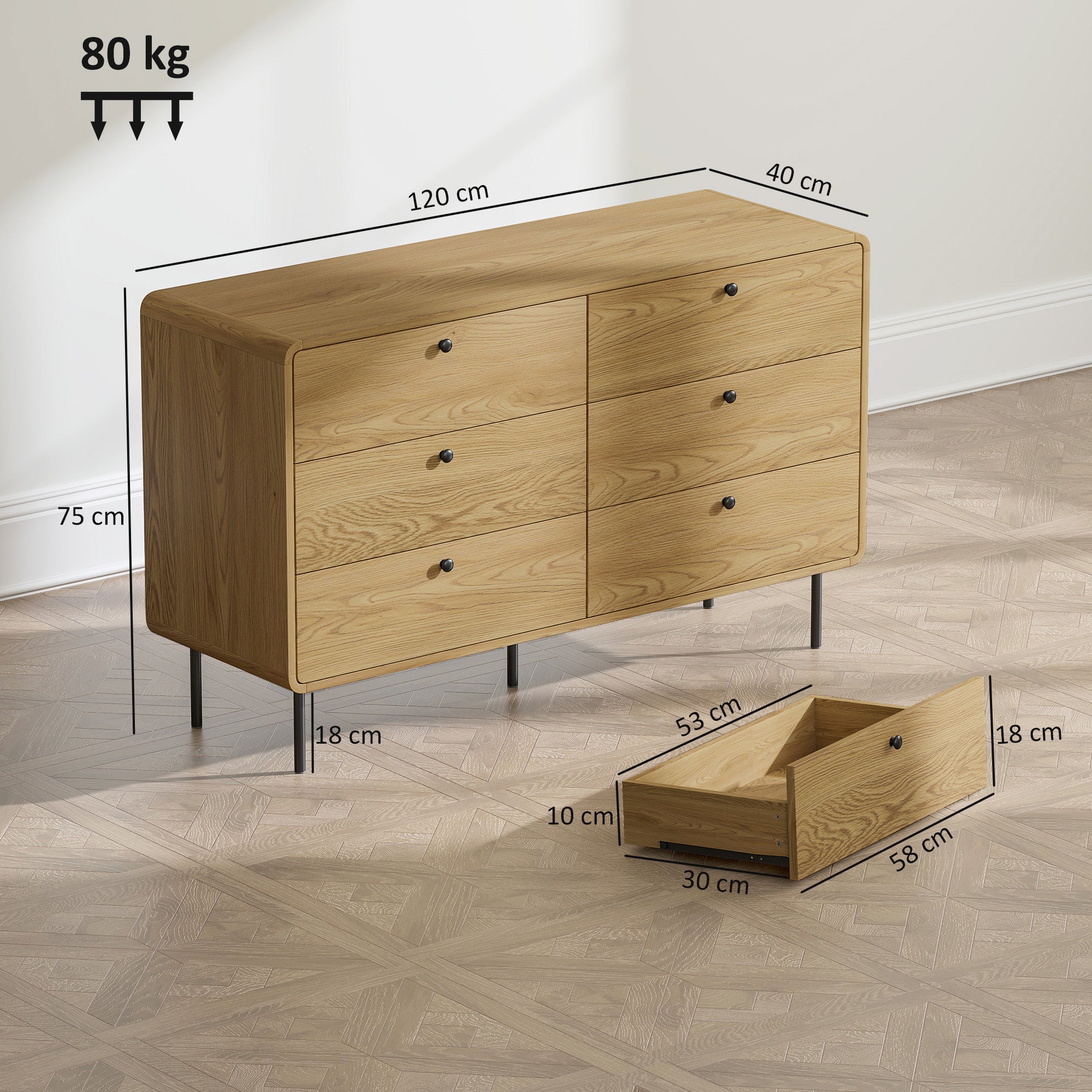 Commode 120x40x75 cm 6 tiroirs coins arrondis pieds acier effet chêne ...