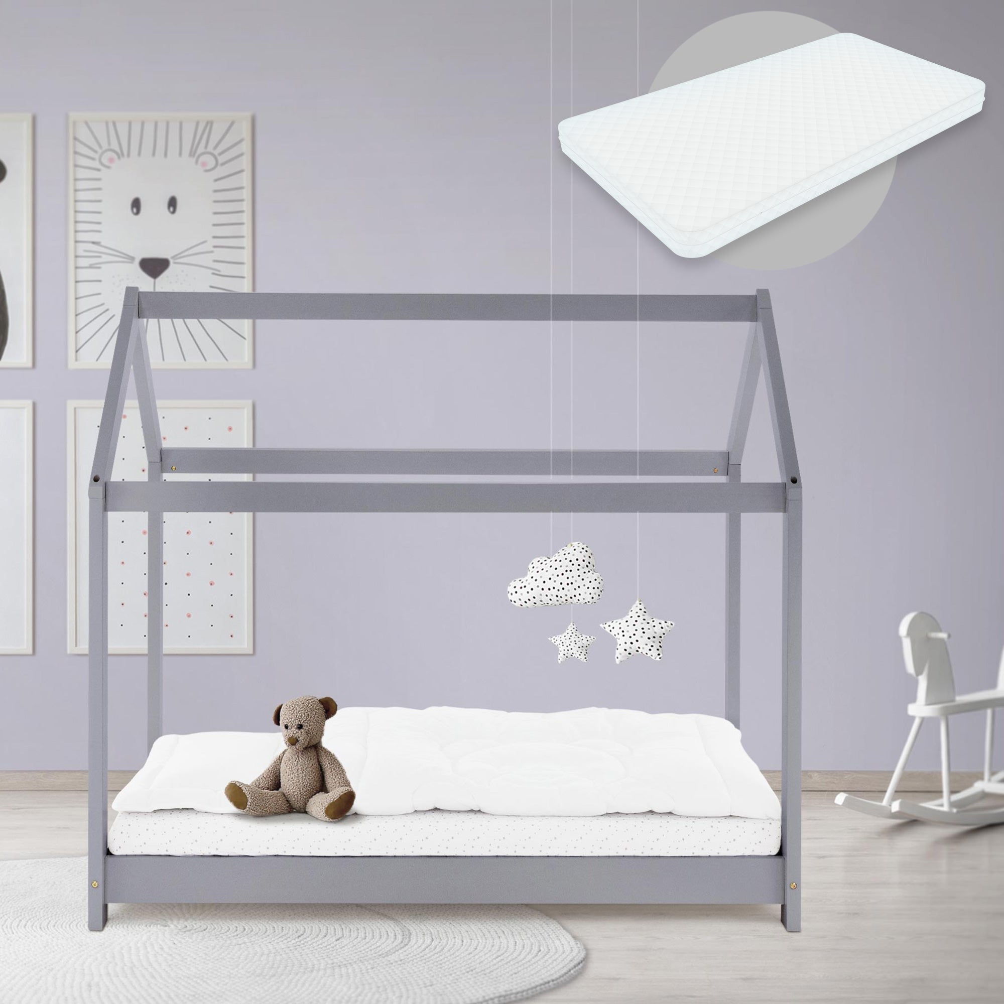 ML-Design łóżko domek z dachem 70x140 cm jasnoszare z materacem i ramą z listew z drewna sosnowego stabilne łóżko domowe dla dziewczynek i chłopców