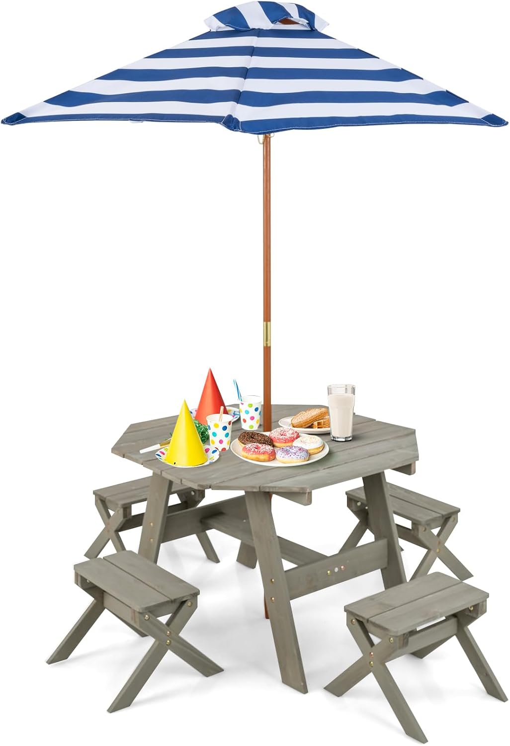 Stół Piknikowy dla Dzieci z 4 Stołkami i Zdejmowanym Parasolem, 1 Stół i 4 Krzesła Ogrodowe z Drewna dla Dzieci Powyżej 3 Lat (Szary)