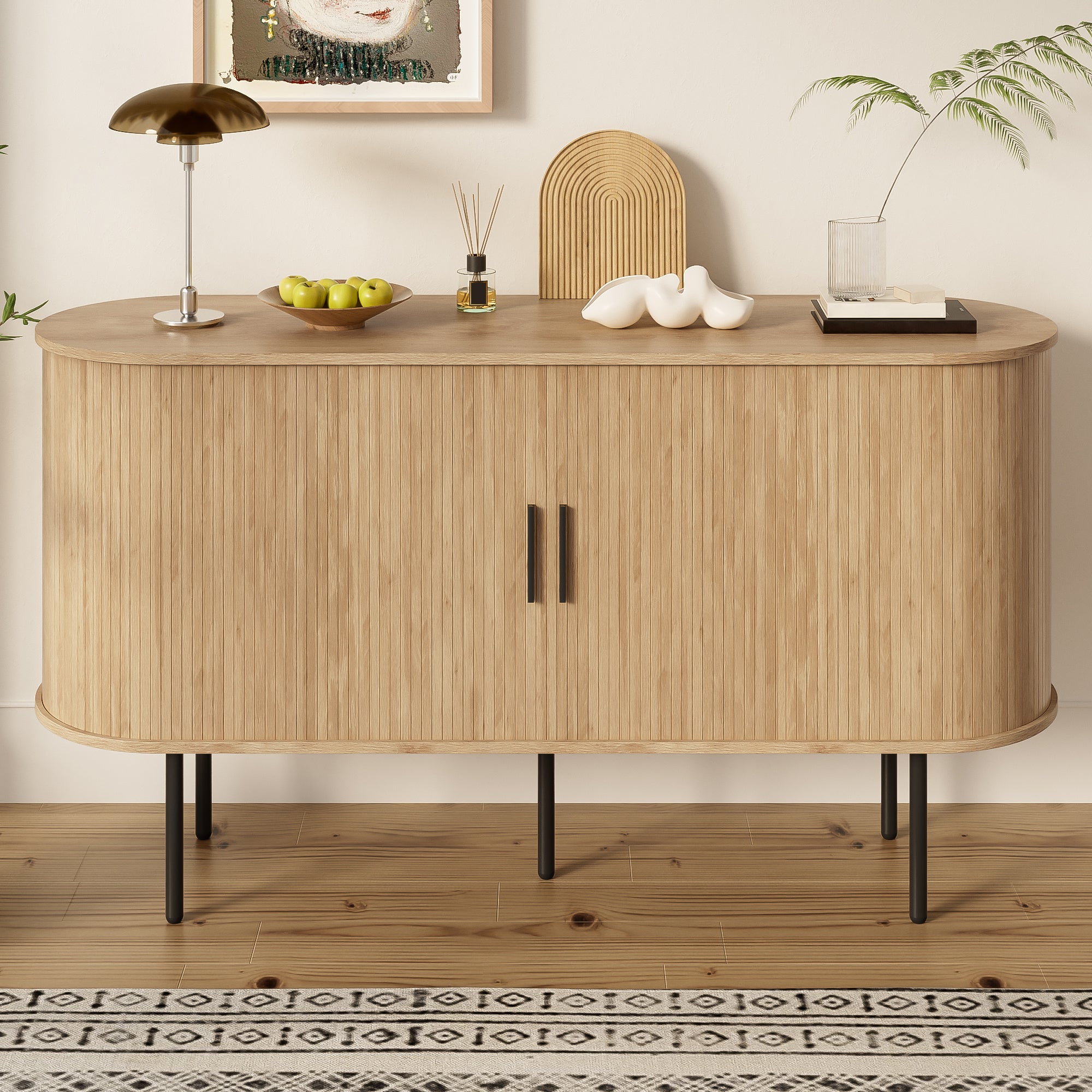 Kredens 140x40x78 cm - 1 drzwi przesuwne - z półkami - żelazne nogi - płyta MDF - naturalny