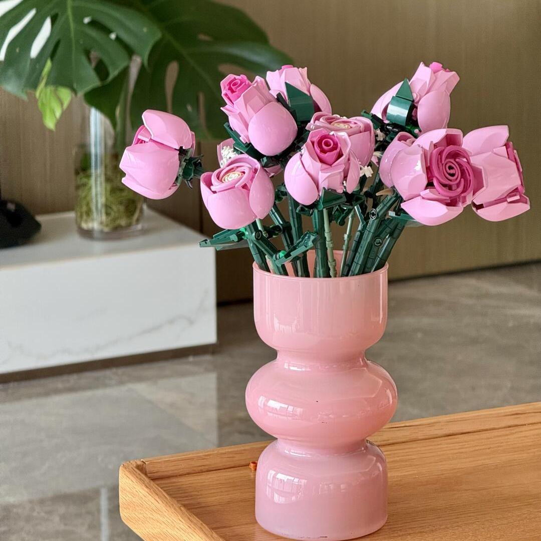 Bouquet de roses artificielles roses - Blocs de construction pour adultes, décoration intérieure - Cadeau de Noël - 4