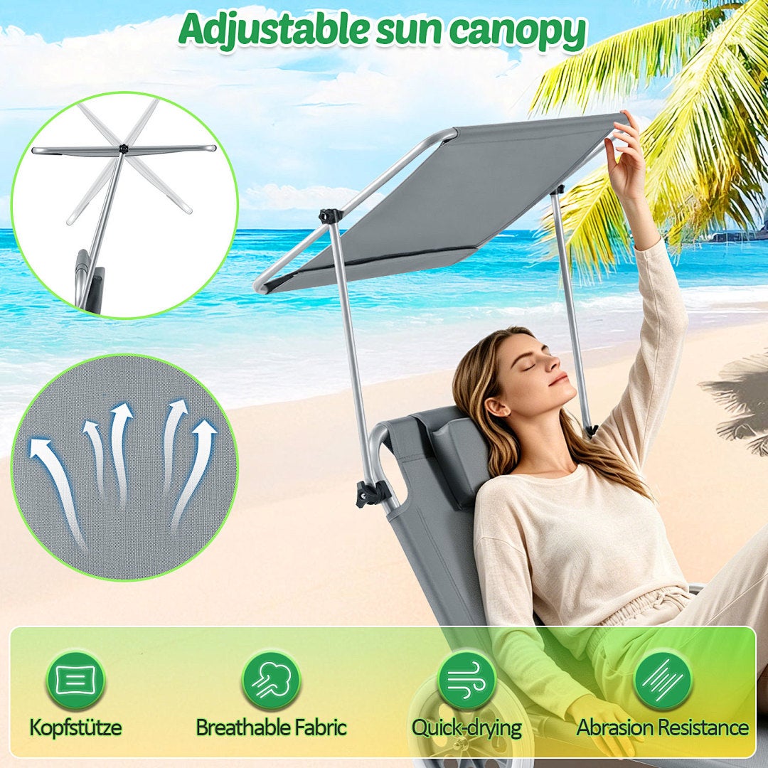 Espreguiçadeira com rodas, espreguiçadeira de praia dobrável com encosto ajustável, espreguiçadeira para exterior , conjunto de 2 - 3