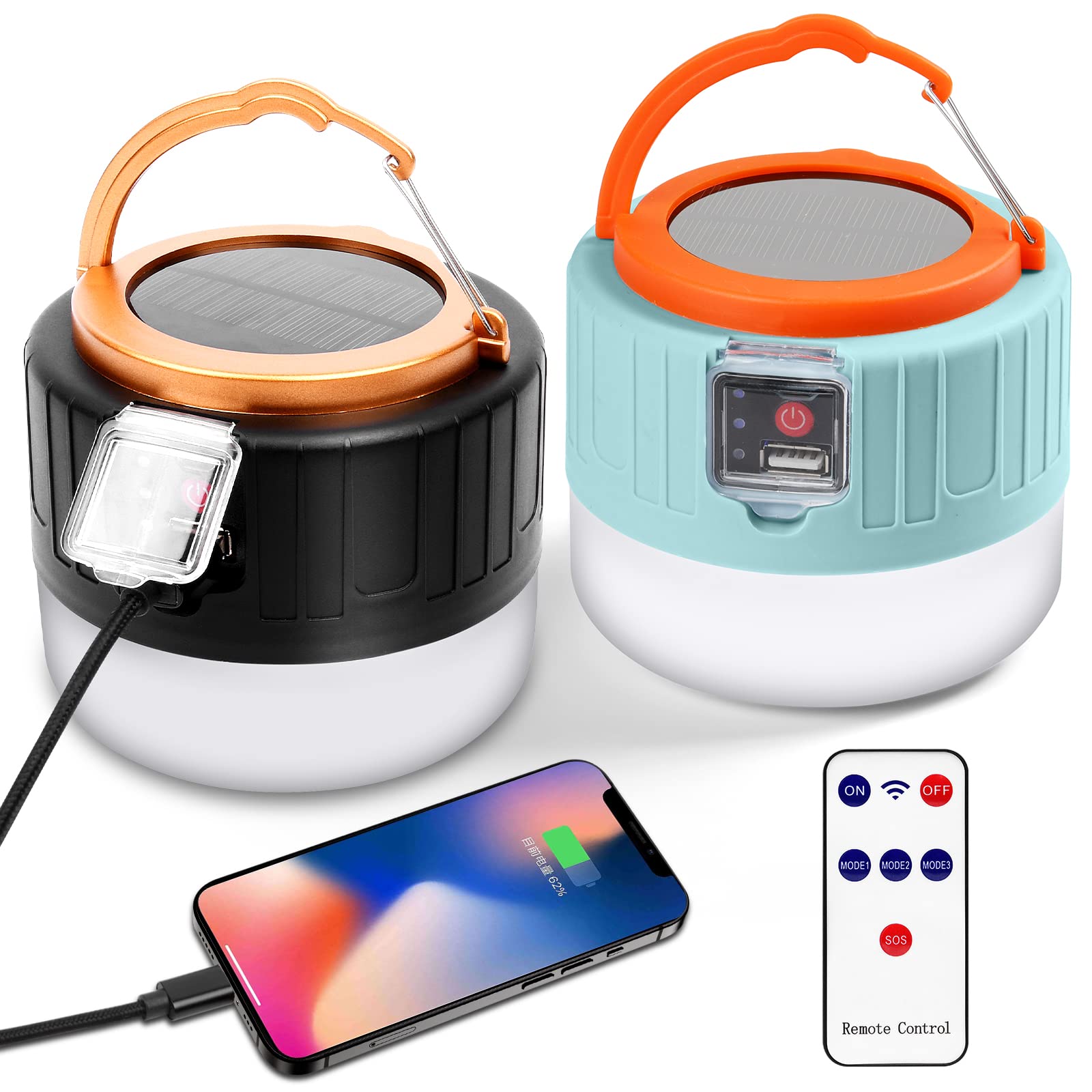 Lampka kempingowa LED Ładowalna Solarna/USB 5 Trybów Wodoodporna Przenośna Lampa Namiotowa 2 SZT. do Wędrówek Pieszych Wędkarstwa Polowania