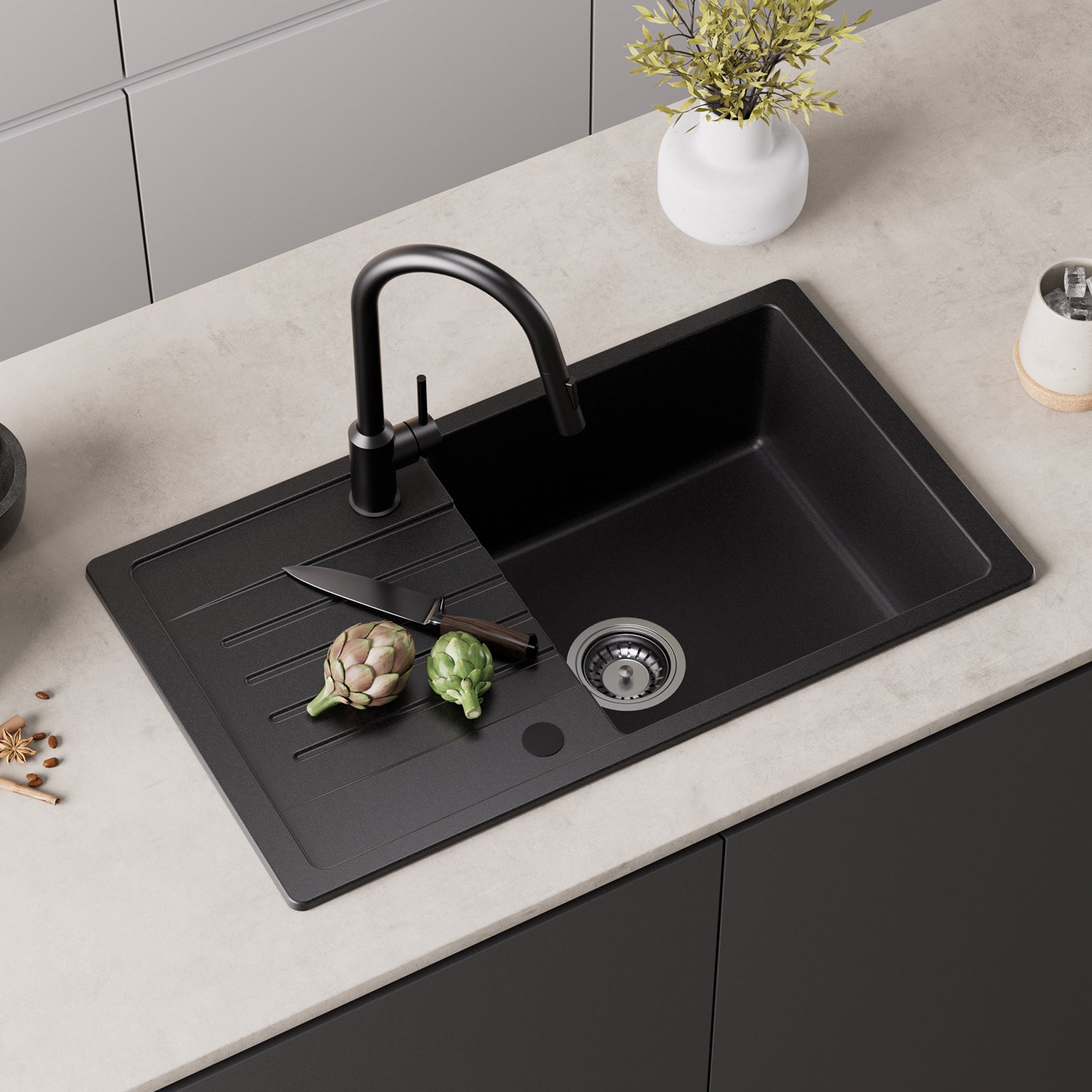 Fregadero CECIPA MAX 1 seno 78x45cm con escurridor - Fregadero encastrable de cuarzo y resina - Fregadero con balda Negro!!! - 2
