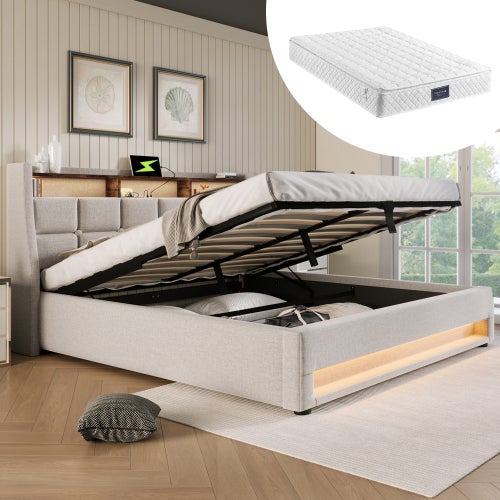 Letto Matrimoniale 160x200 Con Testiera In Lino Beige, Luci LED USB E Contenitore Idraulico – Struttura In Legno E Metallo (Senza Materasso)