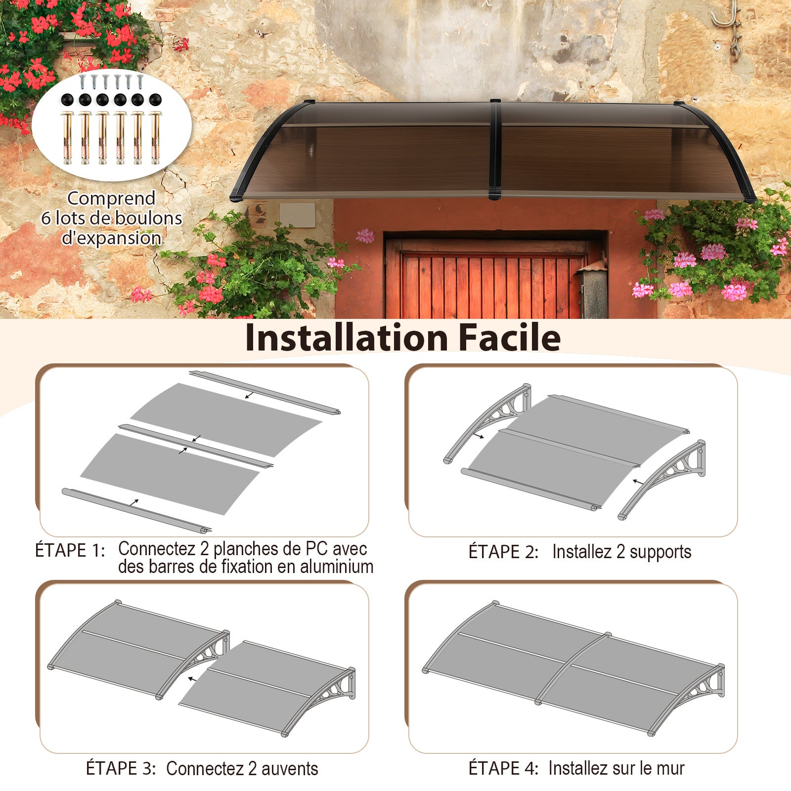 Toldo para porta de entrada 199 x 99 cm Proteção solar, marquise para porta e janela Placa em policarbonato Proteção contra chuva, castanho - 6