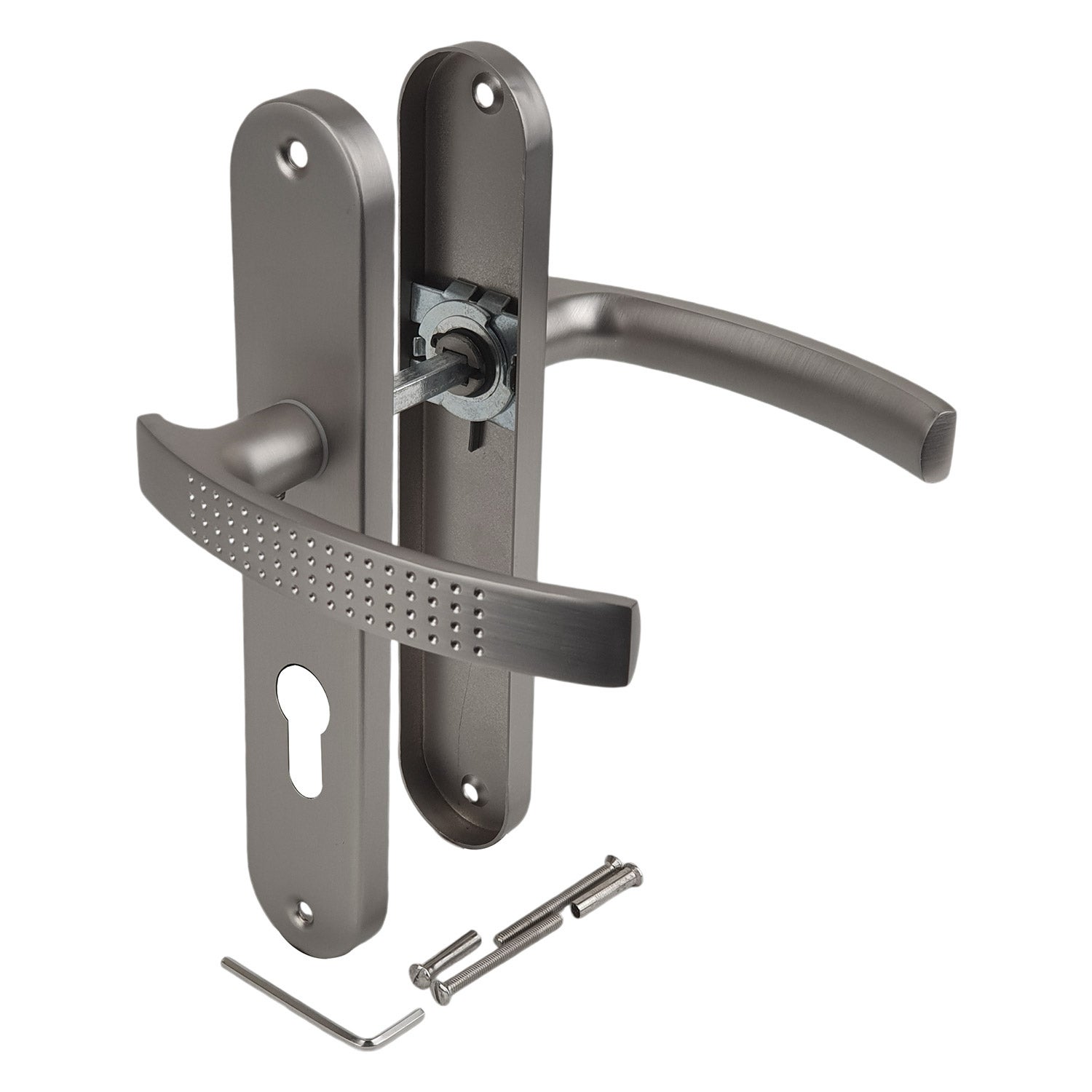 2 poignées de porte AUDACE trou de Cylindre, Aluminium nickel mat entraxe 195 mm, entrée bureau garage - 4