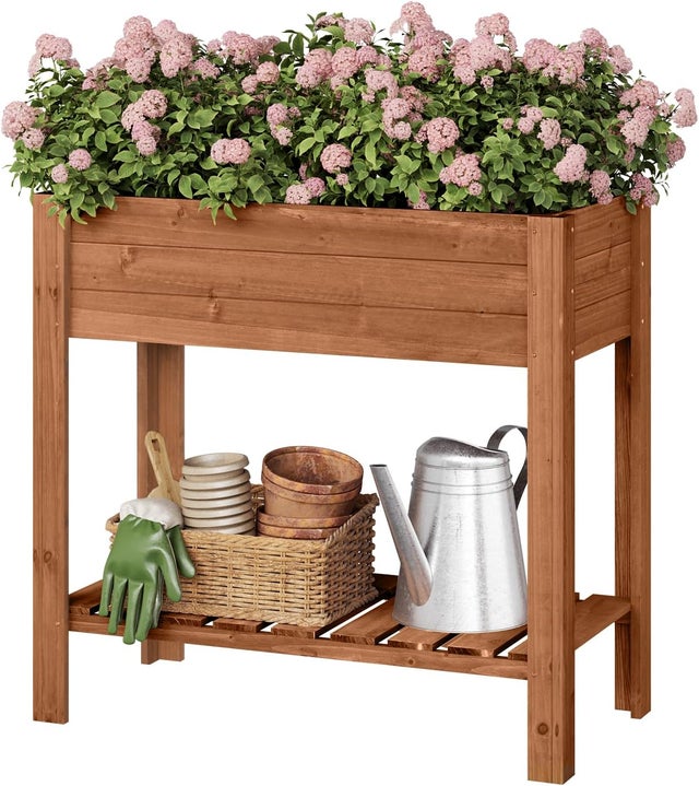 Jadinière surélevée en Bois WOLTU, Carré potager, Étagère avec Bac à Fleurs, 80x75x40cm, Brun