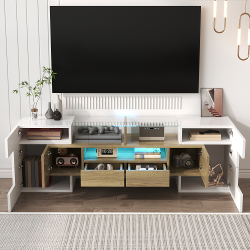 Meuble TV Blanc Avec LED RGB 24 Couleurs - 2 Tiroirs + Compartiments Ouverts, Dimensions 200x35x45 Cm, Charge Max 51 Kg - Design Moderne Pour Salon
