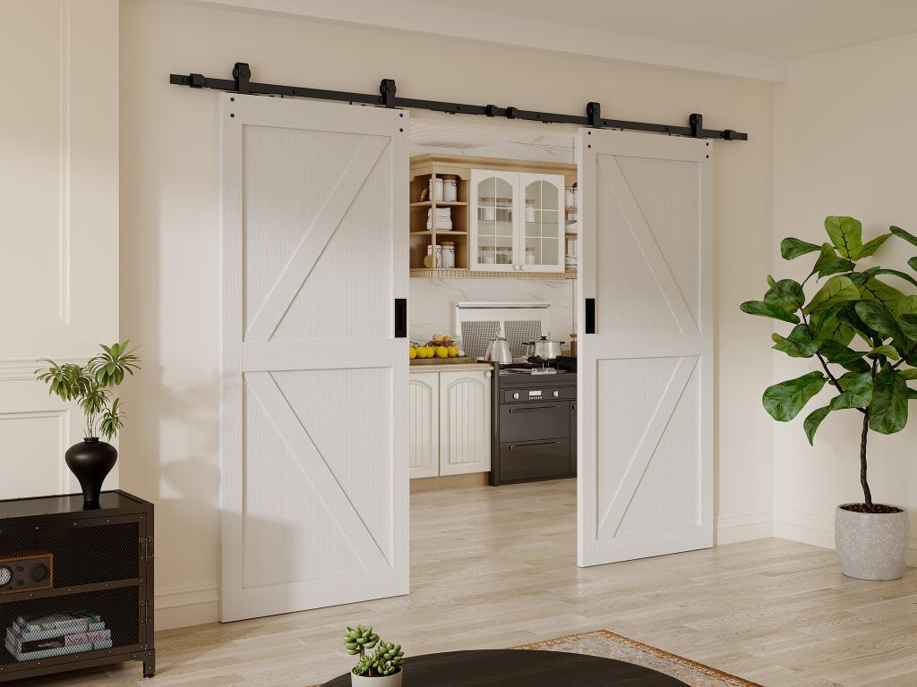 Drzwi przesuwne podwójne naścienne - Drewno i MDF - biały - 2 x wys. 205 x szer. 83 cm - NEFARA