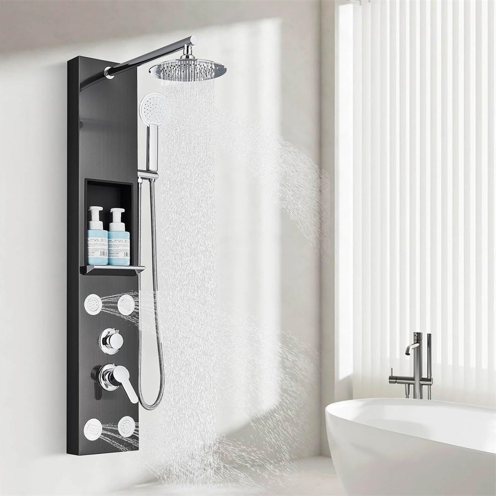 Ensemble de mitigeur thermostatique de douche, panneau de douche noir avec étagère de rangement et pomme de douche,robinet mitigeur à deux poignées - 7