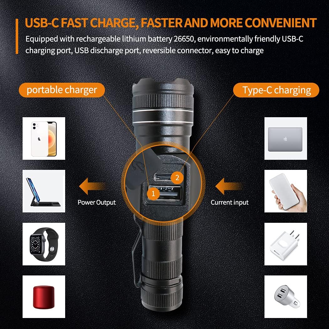 Lampe torche ultra-puissante, extrêmement lumineuse, avec câble USB-C étanche et 5 modes d'éclairage pour le camping, la chasse et les situations d' - 2