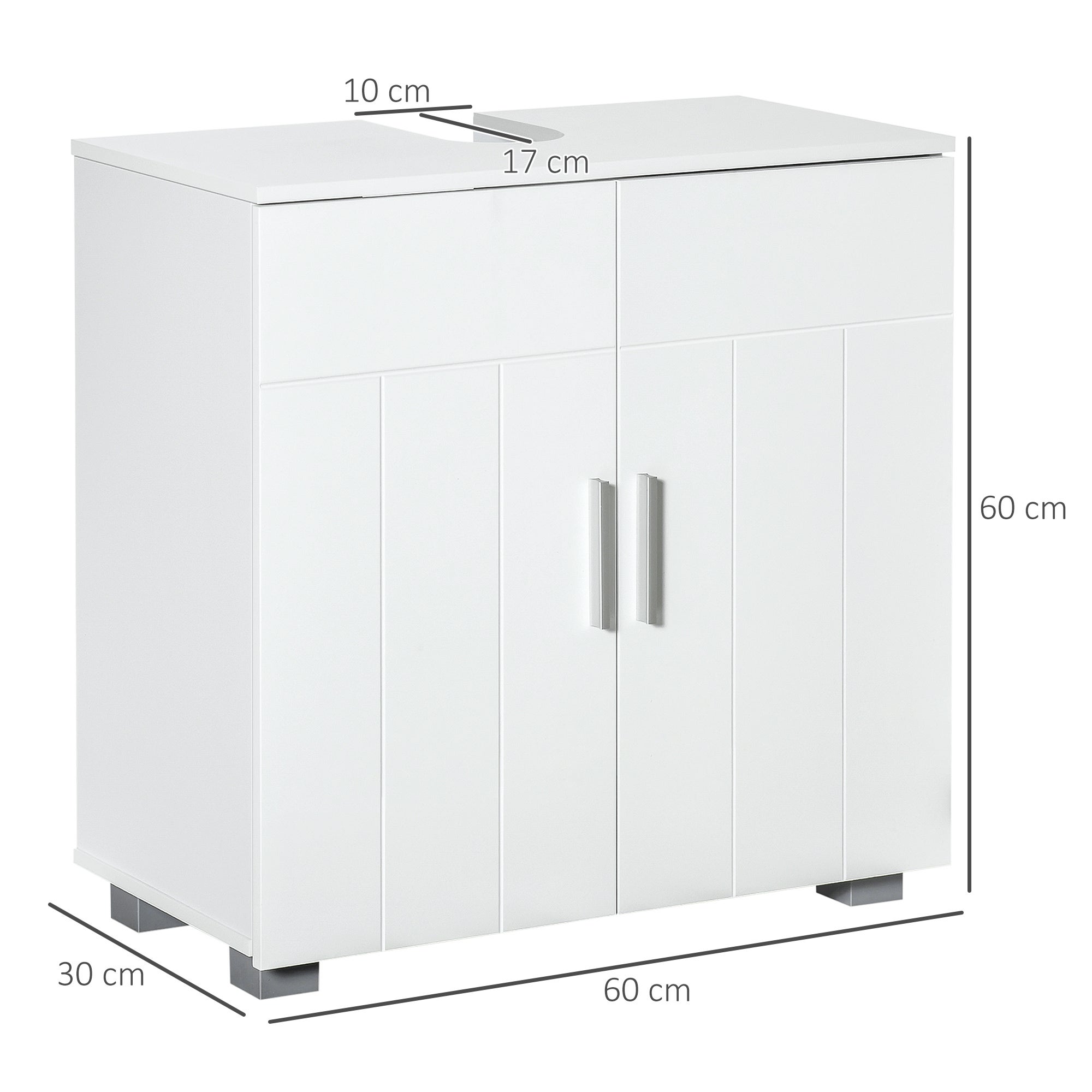 kleankin Mobile Sotto Lavabo Bagno Salvaspazio a U con 2 Ante e Ripiano Interno Regolabile, 60x30x60cm, Bianco - 3