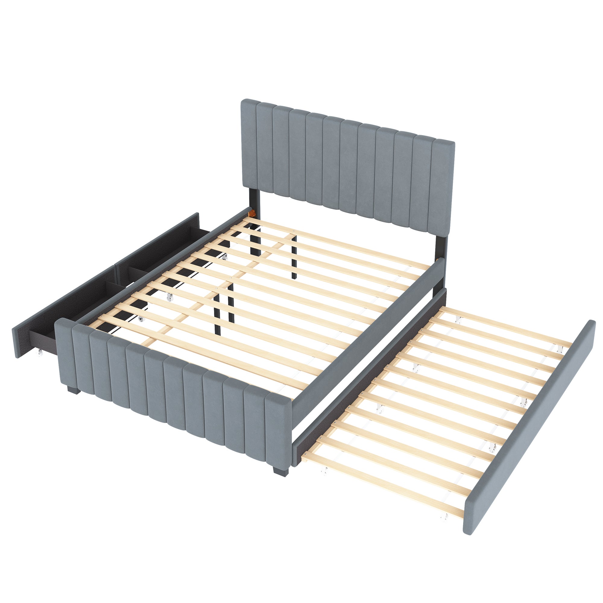 Lit gigogne 140 x 190 cm lit capitonné avec 2 tiroirs, velours, gris, sans matelas - 6
