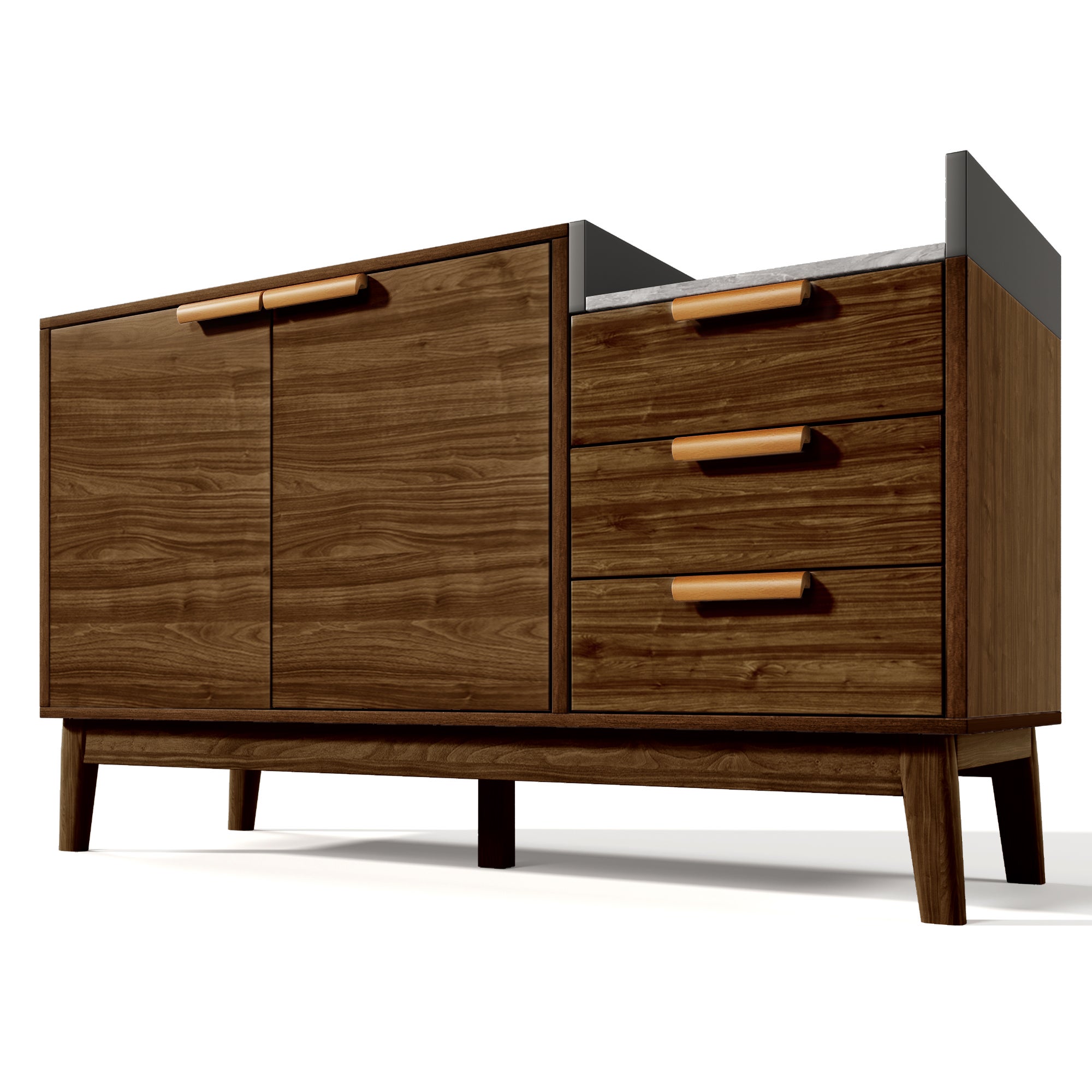 Komoda z 2 drzwiami, 3 szufladami i blatem imitującym marmur - 120 x 40 x 77 cm - MDF + lite drewno - Ciemny dąb - 6
