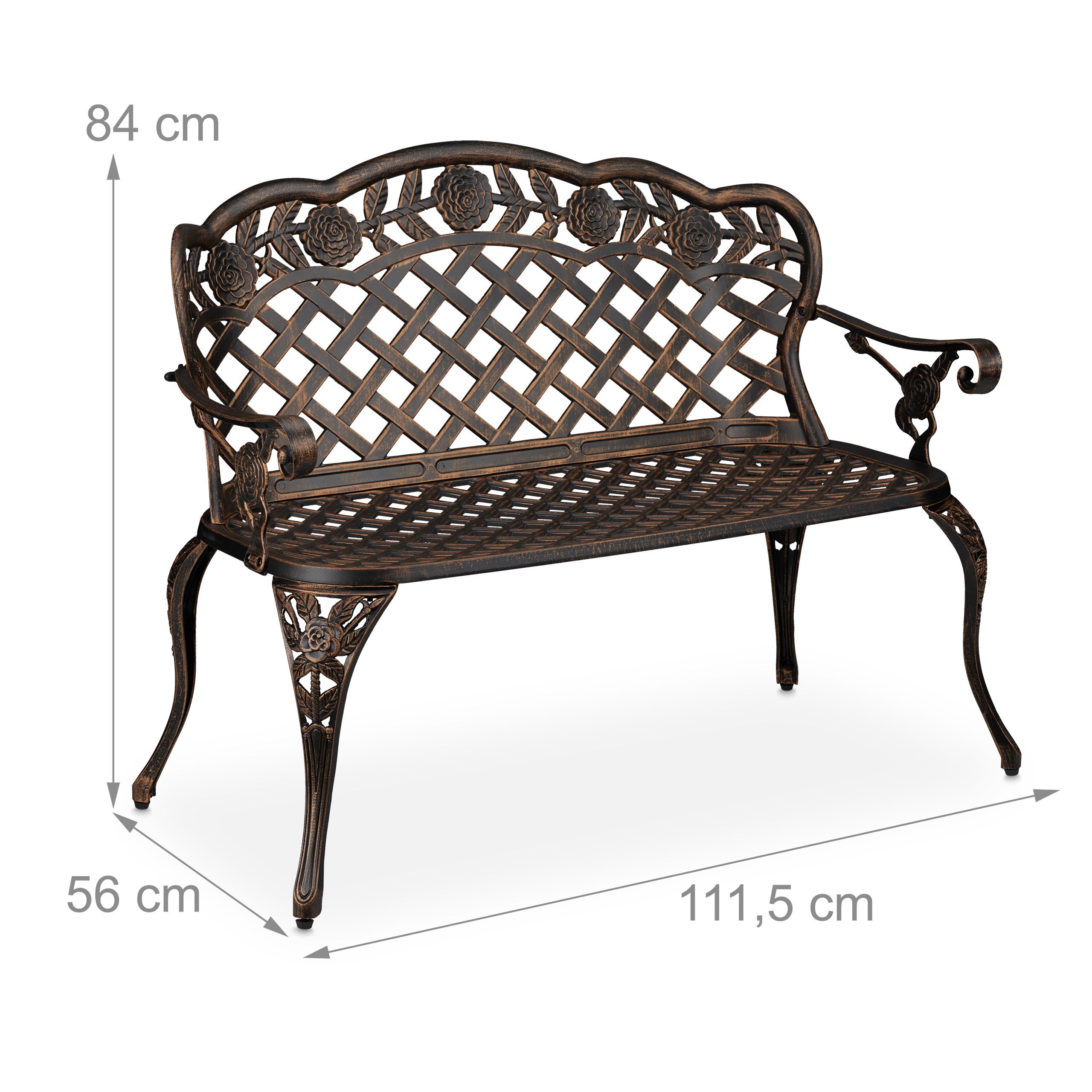 Banc de jardin, roses, terrasse,balcon, aluminium et fonte, antique, 56 x 98 x 55,5 cm, noir - bronze, Relaxdays - 4