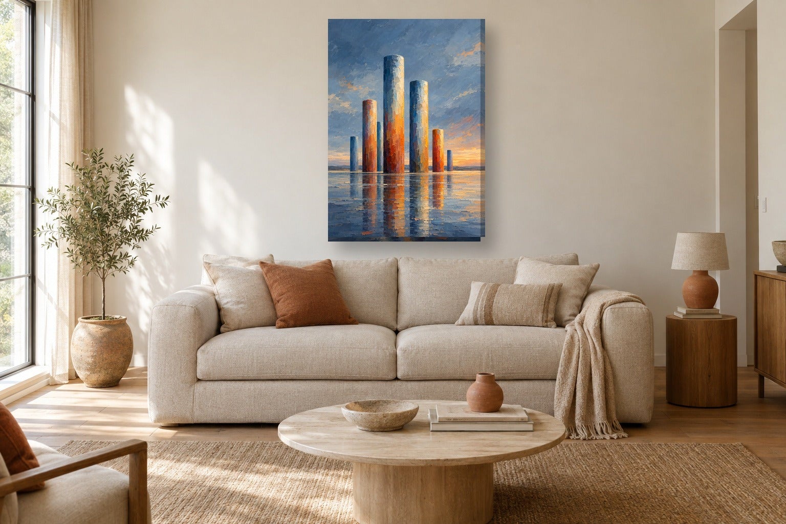 Tableau abstrait «Colonnes, huile» sur toile, châssis en bois de 2 cm ...