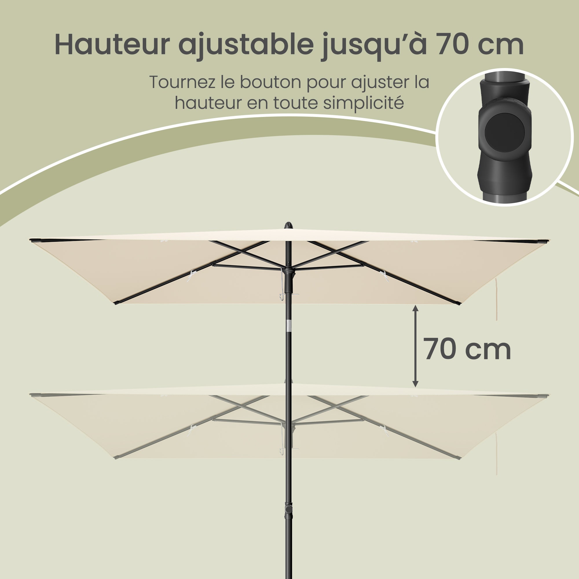 Parasol Rectangulaire Inclinable 232 x 149 cm, Protection Solaire UPF 50+, pour Plage, Terrasse, Jardin, Beige - 6