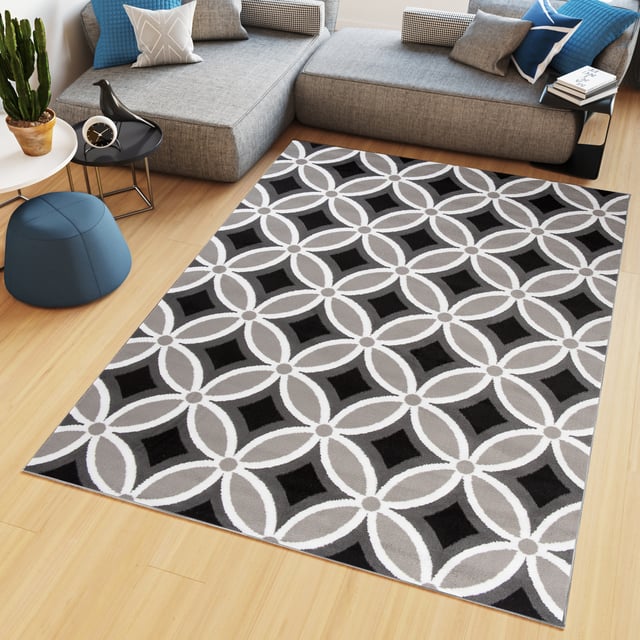 TAPISO Maya Tapis Salon Gris Blanc Noir Losanges Géométrique Mosaïque Fin 120 x 170 cm