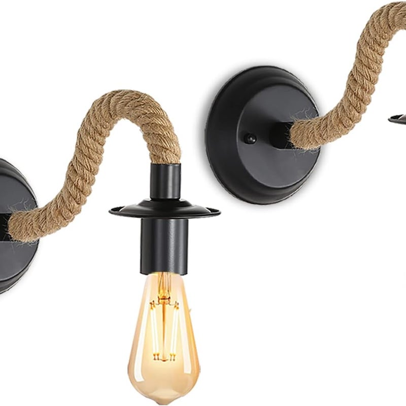 Zestaw 2 zabytkowych kinkietów, lamp ściennych z konopnej liny, oprawka E27, retro oświetlenie ścienne do wnętrz, do korytarza, loftu, sypialni, kawi