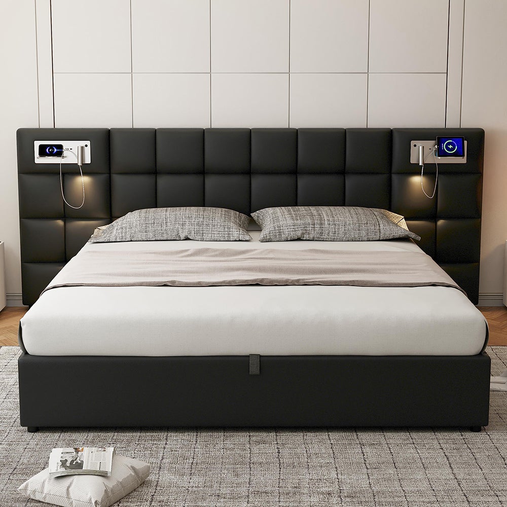 Łóżko tapicerowane 180 x 200 cm, z portem USB, ładowarką bezprzewodową i oświetleniem, z miejscem do przechowywania, PU, czarne