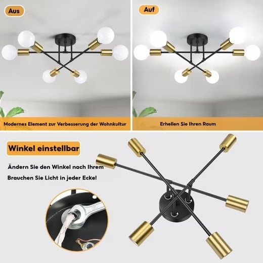Luminária de Teto Design Minimalista Preto e Dourado em Ferro Forjado para Quarto, 70cm, E27 - Luminária Moderna, Iluminação Suave, Durável - 8