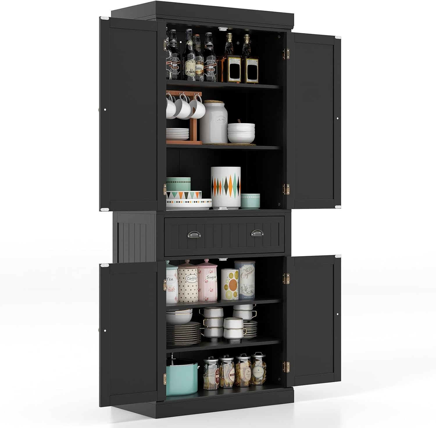 Credenza Buffet 140 Cm In Legno Nero – Mobile Con 2 Cassetti E 4 Ante A Fienile, Per Cucina E Soggiorno